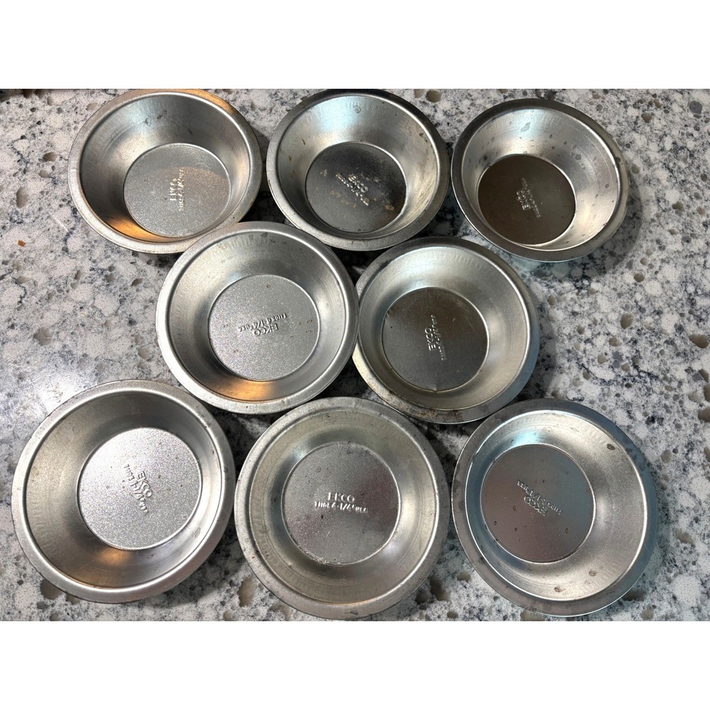 Vtg Lot of 8 EKCO Mini Pie Tart Pans Tin Plate Aluminum Baking 4 3/4"‎ Dia